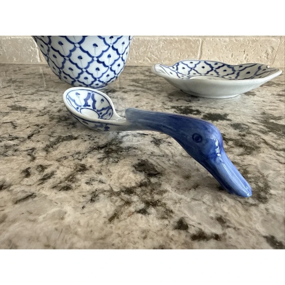 Unique Blue And White Sugar/Creamer Set With Duck Shaped Spoon